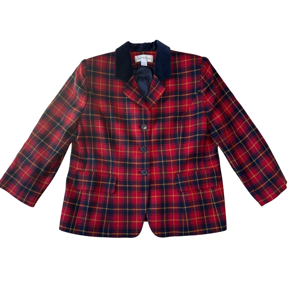 Vintage Sport Red Plaid Blazer Velvet Collar Navy Blue Yellow Tartan 14W